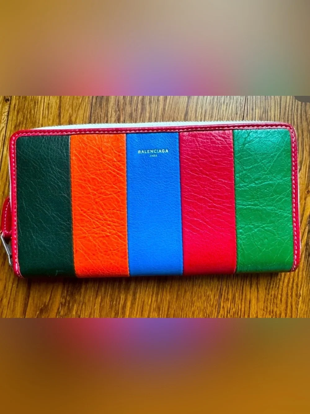Balenciaga Multicolor Striped Leather Zip Wallet - Green/Orange/Blue/Red